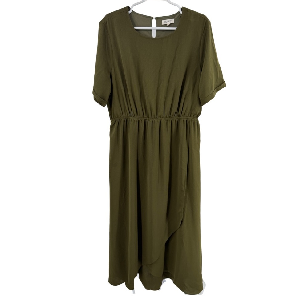 Roolee Olive Green wrap skirt Maxi Dress Flowy XL short sleeve lined boho casual